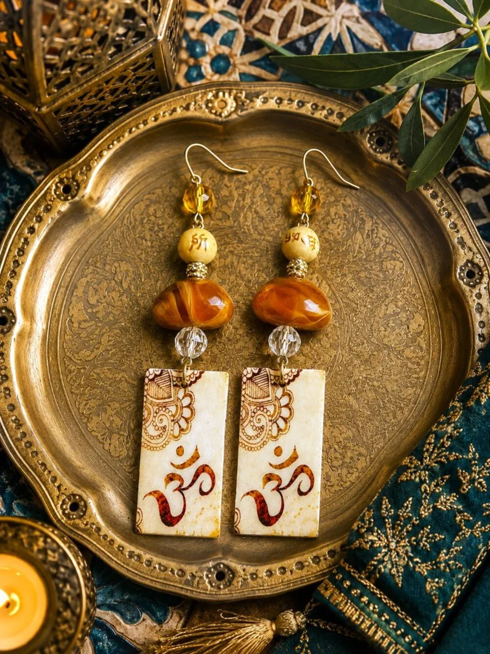 Artisan Hand Crafted Om Aum Symbol Earrings Amber Tan Brown Beaded Yoga Zen